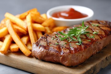 Juicy Grilled Steak with Crispy French Fries and Tomato Sauce