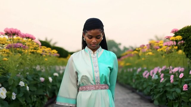 The camera slowly zooms out as a young nigerian woman in iro and buba walks confidently, facing the camera, through a flower garden in soft morning light