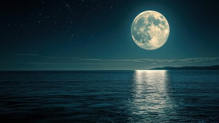 Serene Night: Full Moon over Tranquil Ocean