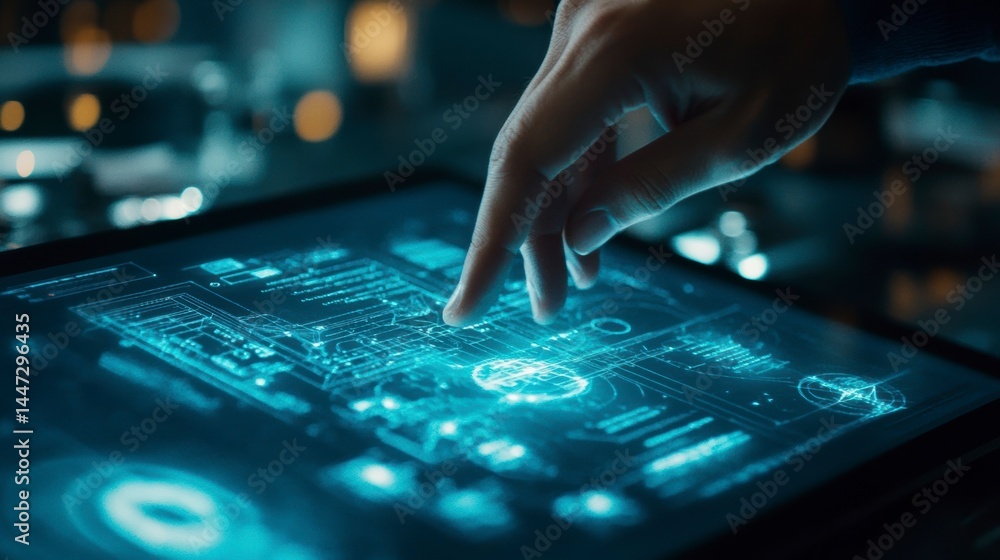 Poster hand interacting with a futuristic tablet displaying holographic data.
