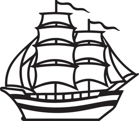 sailing ship line art, black outline, vector and illustration, coloring book page line art drawing