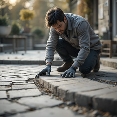 An intimate view of a worker focused on adjusting the position of a curved paving stone which fits into a circular pattern. The surrounding environment is softly blurred