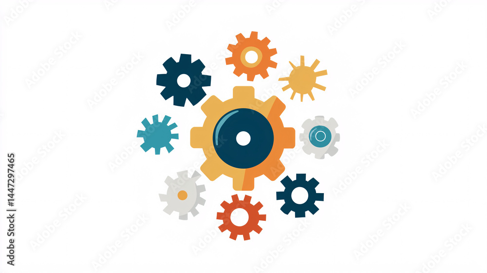 Poster collaboration for solution and answer. colorful gears in a circular arrangement for design.