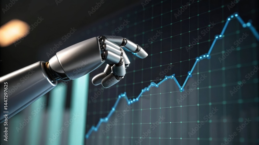 Aufkleber a robotic hand pointing at a rising graph, symbolizing technology and data analysis in a modern digi