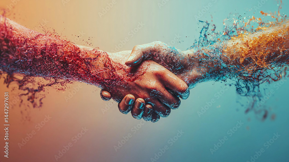 Poster collaboration for solution and answer. hands shaking with a colorful, abstract water splash effect.