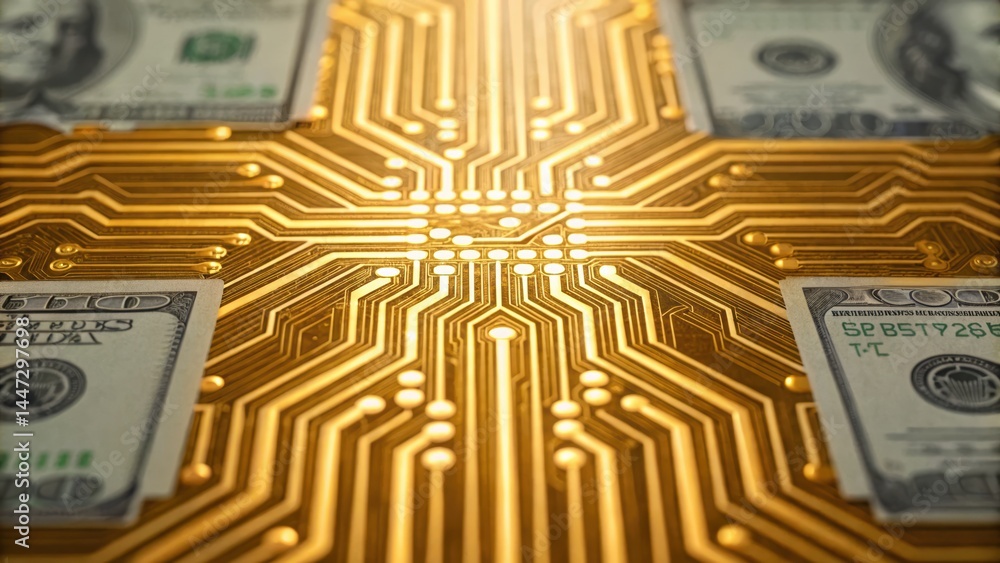 Poster a blend of dollar bills and circuit patterns symbolizes the fusion of finance and technology.