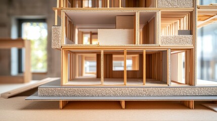 Detailed architectural model showcasing wooden frame construction, interior rooms, and foundation.