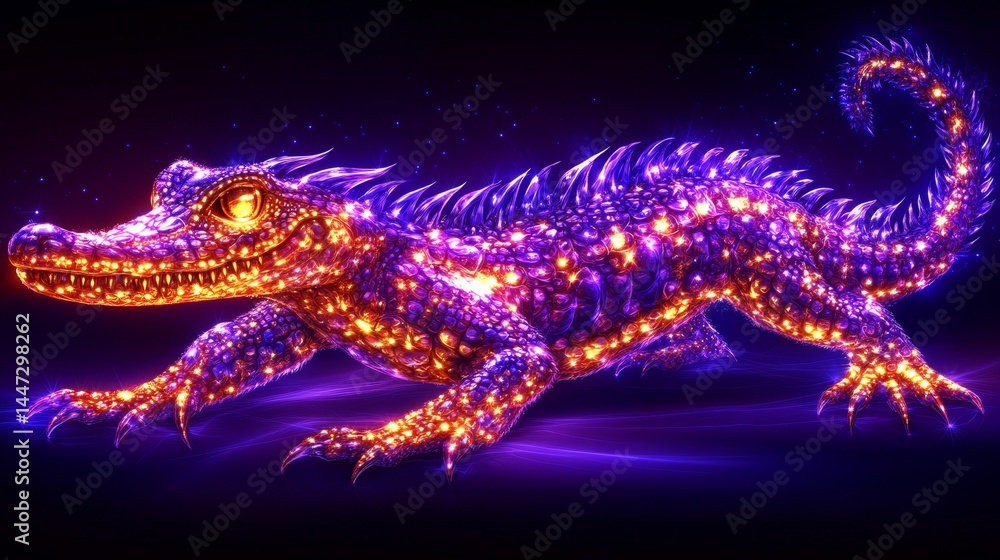 Poster enigmatic illuminated alligator shimmering with orange and purple light displaying a mesmerizing glo
