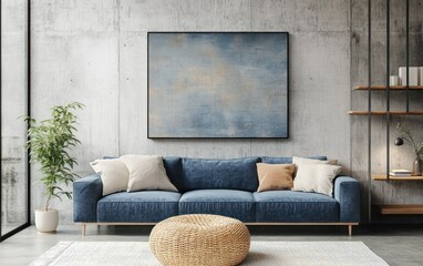 Modern Living Room Interior Design With Blue Sofa And Artwork