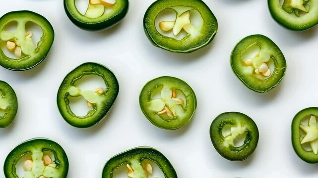 Rotating slices of fresh green jalape?os on white background