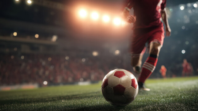 A soccer player in a red uniform kicks a ball with spectators in the background du a night game at a brightly illuminated stadium under spotlights.