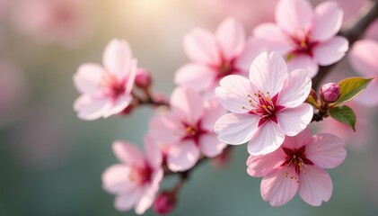Soft blush sakura blossoms, repeating motif, subtle green leaves, sakura petals, cherry blossom pattern