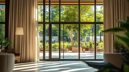 Sunlit interior space with large windows overlooking a tranquil outdoor patio with seating.