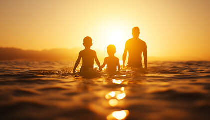 Silhouette of joyful family father and children playing in water at sunset, warm golden light, happy summer moment