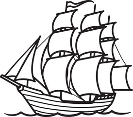 sailing ship line art, black outline, vector and illustration, coloring book page line art drawing