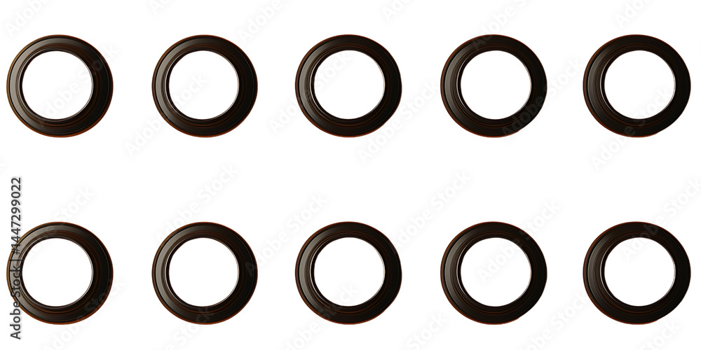 Poster ten metallic rings are evenly aligned in two rows, each ring featuring a smooth, circular shape with