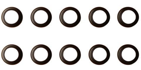 Ten metallic rings are evenly aligned in two rows, each ring featuring a smooth, circular shape with a reflective surface.