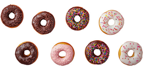 Eight assorted donuts with colorful icing and sprinkles arranged in two rows.
