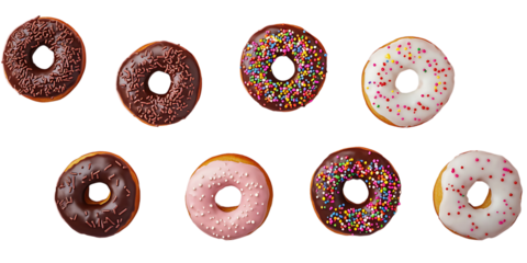 Eight assorted donuts with colorful icing and sprinkles arranged in two rows.