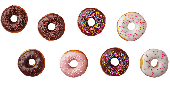 Eight assorted donuts with colorful icing and sprinkles arranged in two rows.