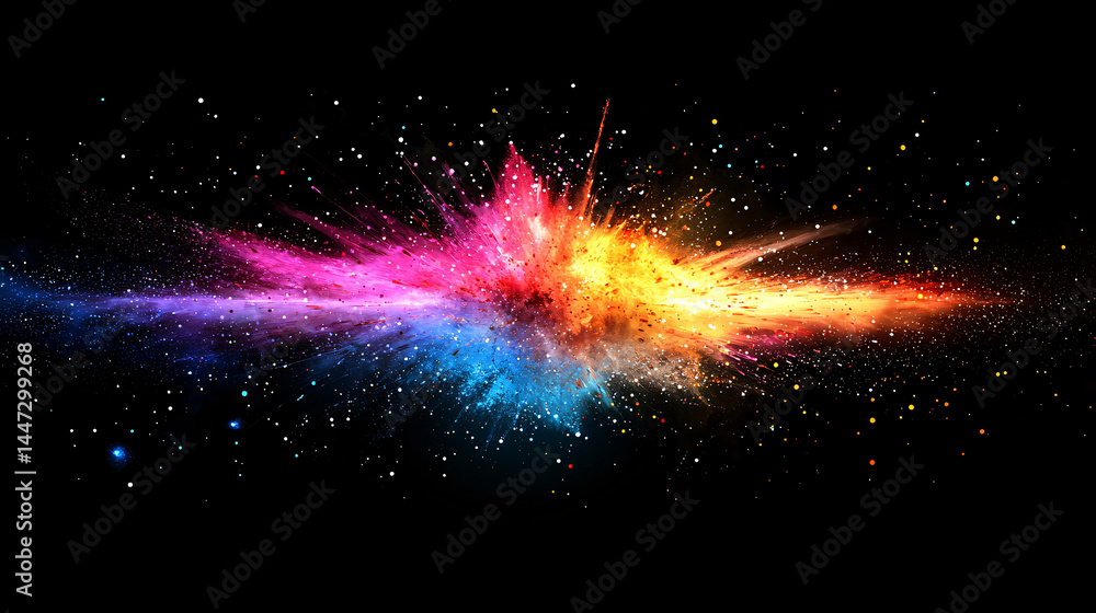 Poster collaboration for solution and answer. colorful abstract explosion on a dark background.