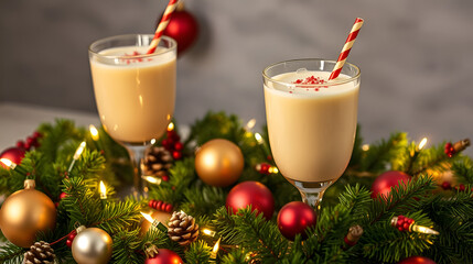Egg nog in garland with lights and ornaments