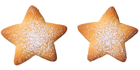 Two star-shaped cookies covered with powdered sugar.
