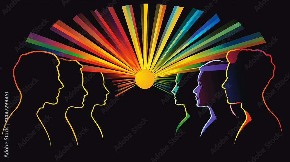Poster collaboration for solution and answer. silhouettes with colorful rays emanating from a sun.