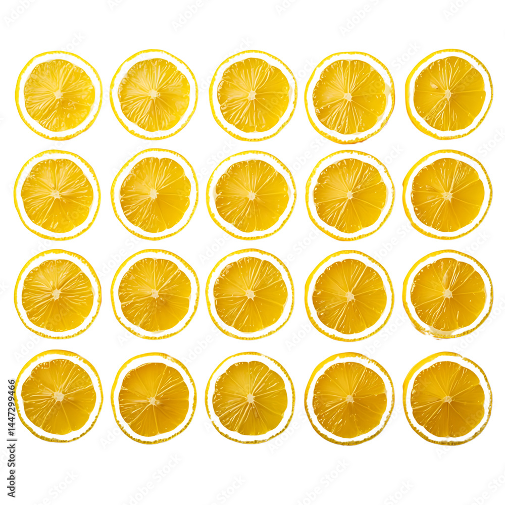 Poster lemon slices arranged in a neat grid pattern, showcasing their vibrant yellow color and detailed sec