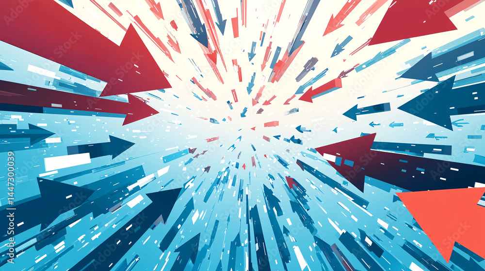Poster collaboration for solution and answer. dynamic abstract arrows in vibrant colors radiating outward.