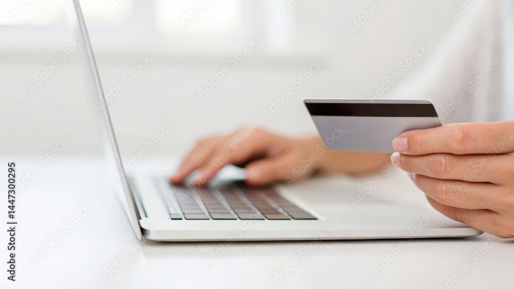 Poster a person is making an online purchase using a credit card while typing on a laptop.