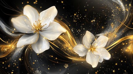 Elegant white flowers, gold accents and sparkling lights on a dark background. Use this luxurious image for invitations, cards, or website background.