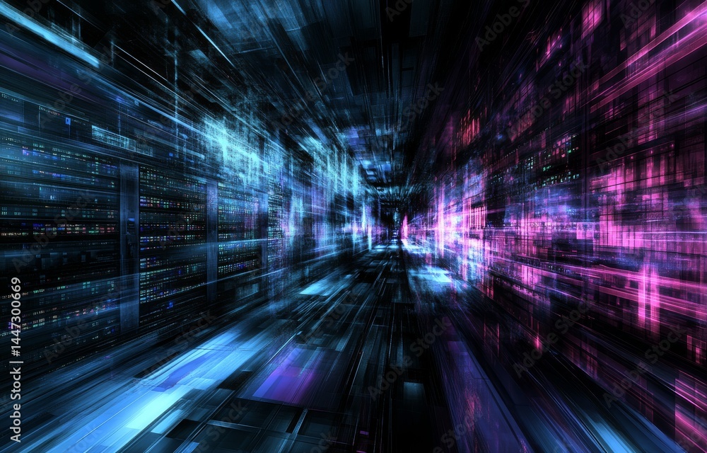 Aufkleber a 3d rendering depicts a data center room with servers and a corridor where a bright speed of light 