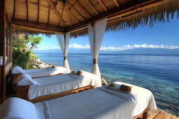 Fototapeta na wymiar A relaxing beach spa setup with massage beds under a bamboo cabana overlooking the ocean 