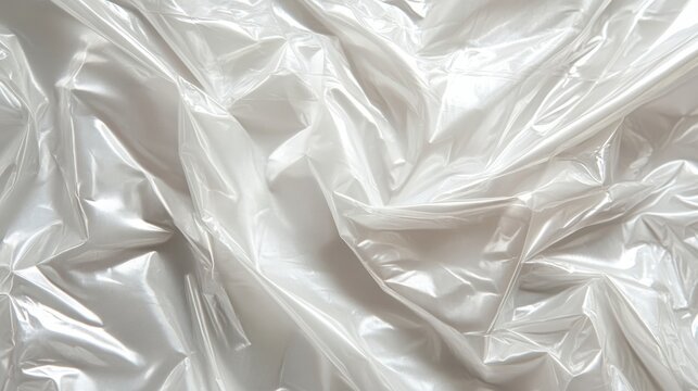 Shiny, crumpled white plastic sheet with light reflections and subtle shadows. Use as background, texture, or for illustrating concepts like packaging.