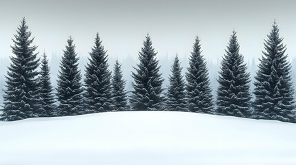 Fototapeta premium Snowy winter landscape with a row of frosted evergreens