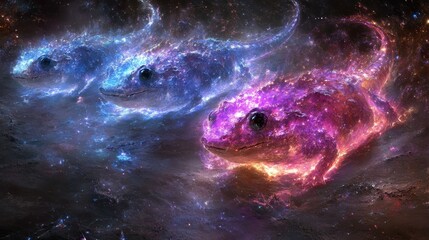 Cosmic salamanders nebulous guardians celestial amphibians stellar formations magical creatures cosmic energy vibrant galaxy ethereal beings digital art fantasy animals