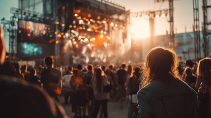 Excited crowd enjoys outdoor music festival with illuminated stage lights and big screens as the sun sets creating a vibrant atmosphere and silhouettes of people.
