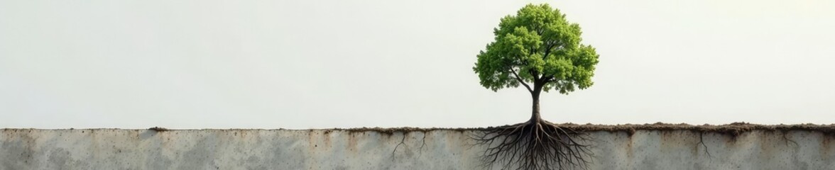 A single tree with its roots and trunk exposed on a grayish-white background, earthy, branch, tree