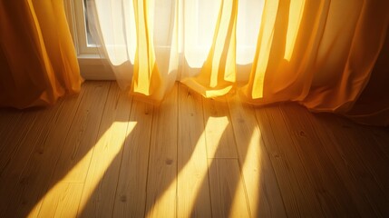 Golden Sunlight Streaming Through Sheer Curtains onto Warm Wooden Floor