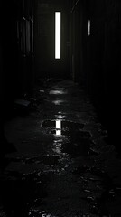 Dark alley, wet ground, bright light reflects in puddles.