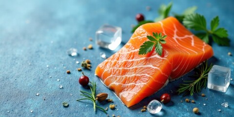 A fresh salmon fillet, meticulously prepared, rests on a vibrant blue surface, adorned with aromatic herbs, icy cubes, and a scattering of spices.