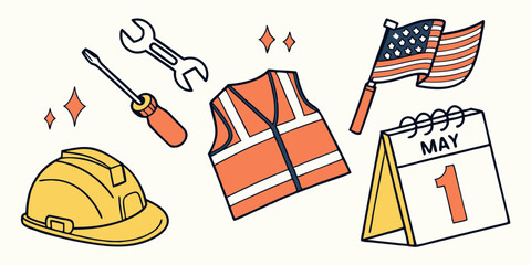 Labor Day design featuring tools, safety vest, and May calendar for branding and logos	