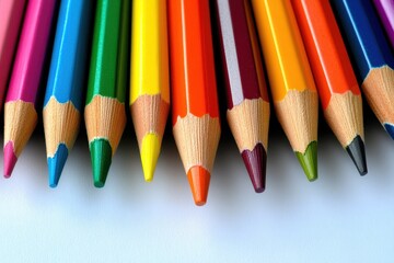 Kid Coloring. Top View of Children's Drawing Desk with Coloured Crayons and Blank Sheet of Paper