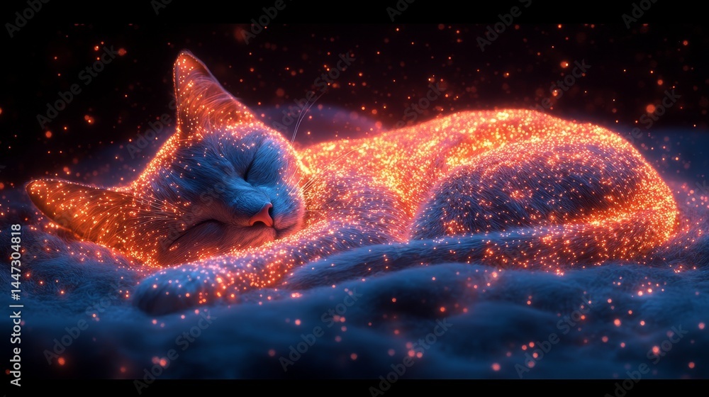 Aufkleber celestial feline slumber a glowing digital rendering of a sleeping cat adorned with shimmering light
