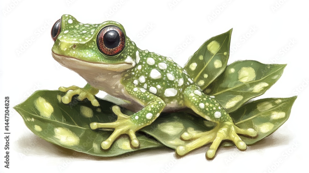 Poster enchanting emerald arboreal amphibian portrait featuring speckled pattern and ruby eyes balanced on 