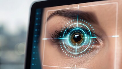 Close-up of an eye with a digital biometric scan overlay, highlighting technology in facial recognition and security.