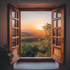 Serene Sunset View Through Open Wooden Window