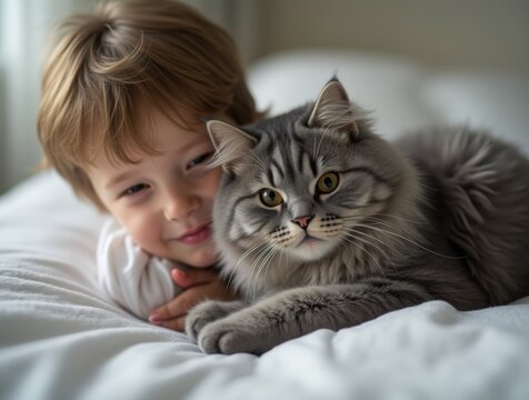 Boy cuddling gray cat on bed, soft light, mutual comfort and affection at home.
