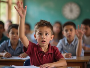 Boy raising hand in class, confused, questioning look, surrounded by classmates, school, education.
